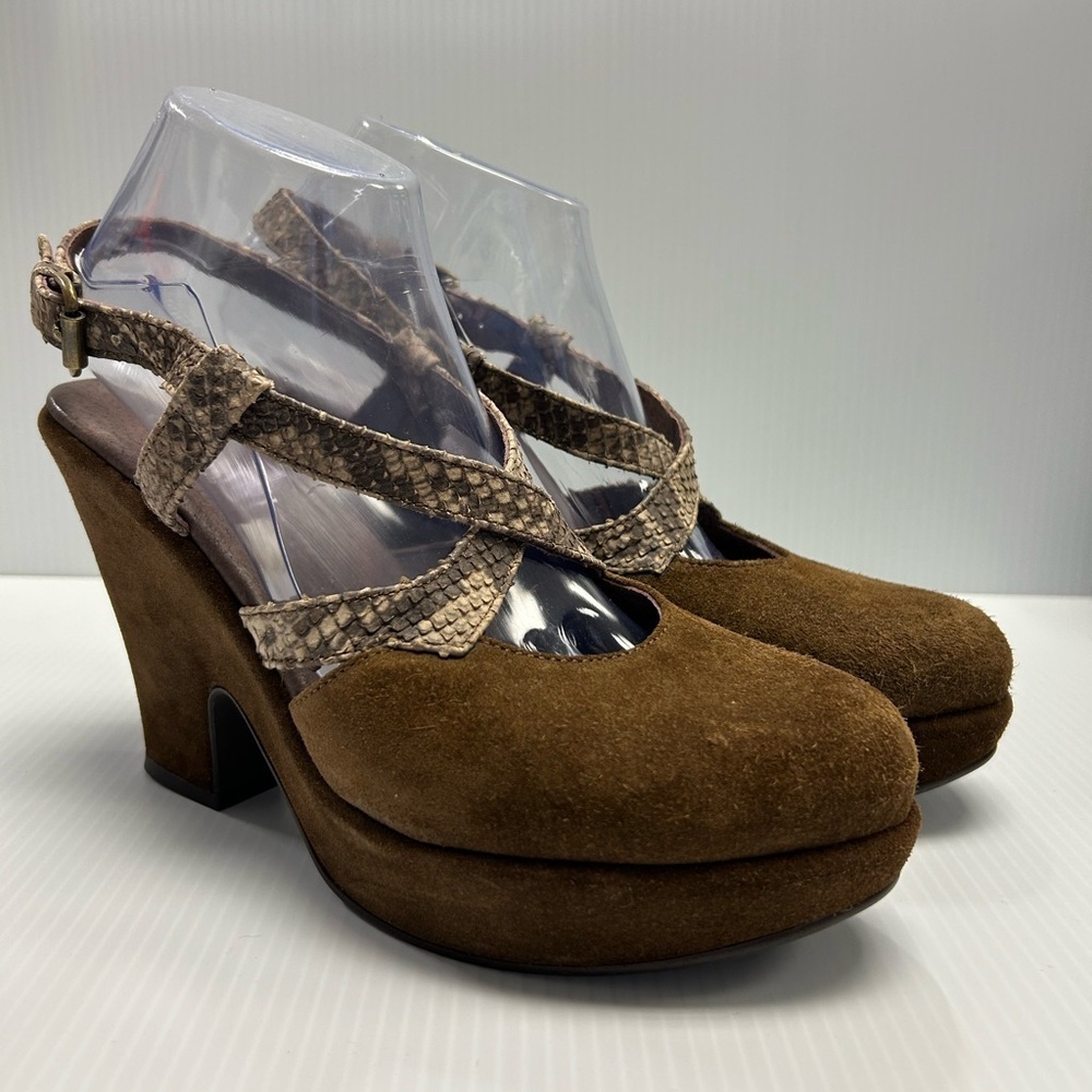 Cordani Slingback Brown Suede-Wrapped Platform Block Heel Snakeskin‎ Strap 39